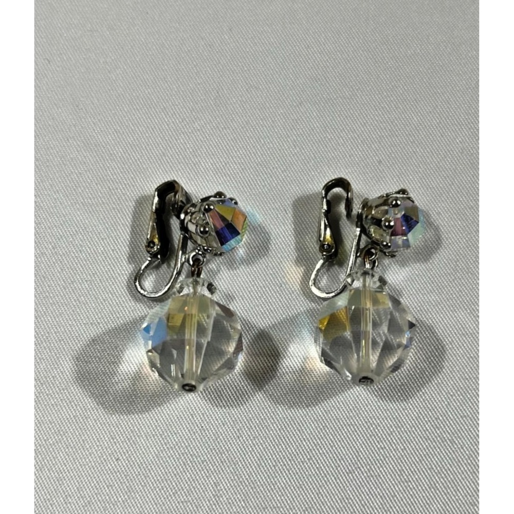 Vintage Clip On Earrings Aurora Borealis AB Crystal Glass Dangle Drop Iridescent